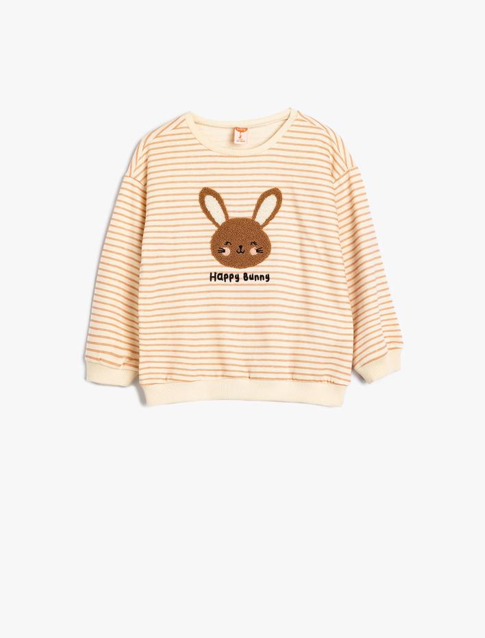 Kız Bebek Sweatshirt Tavşan Aplike Detaylı Uzun Kollu Bisiklet Yaka Şardonlu Pamuklu