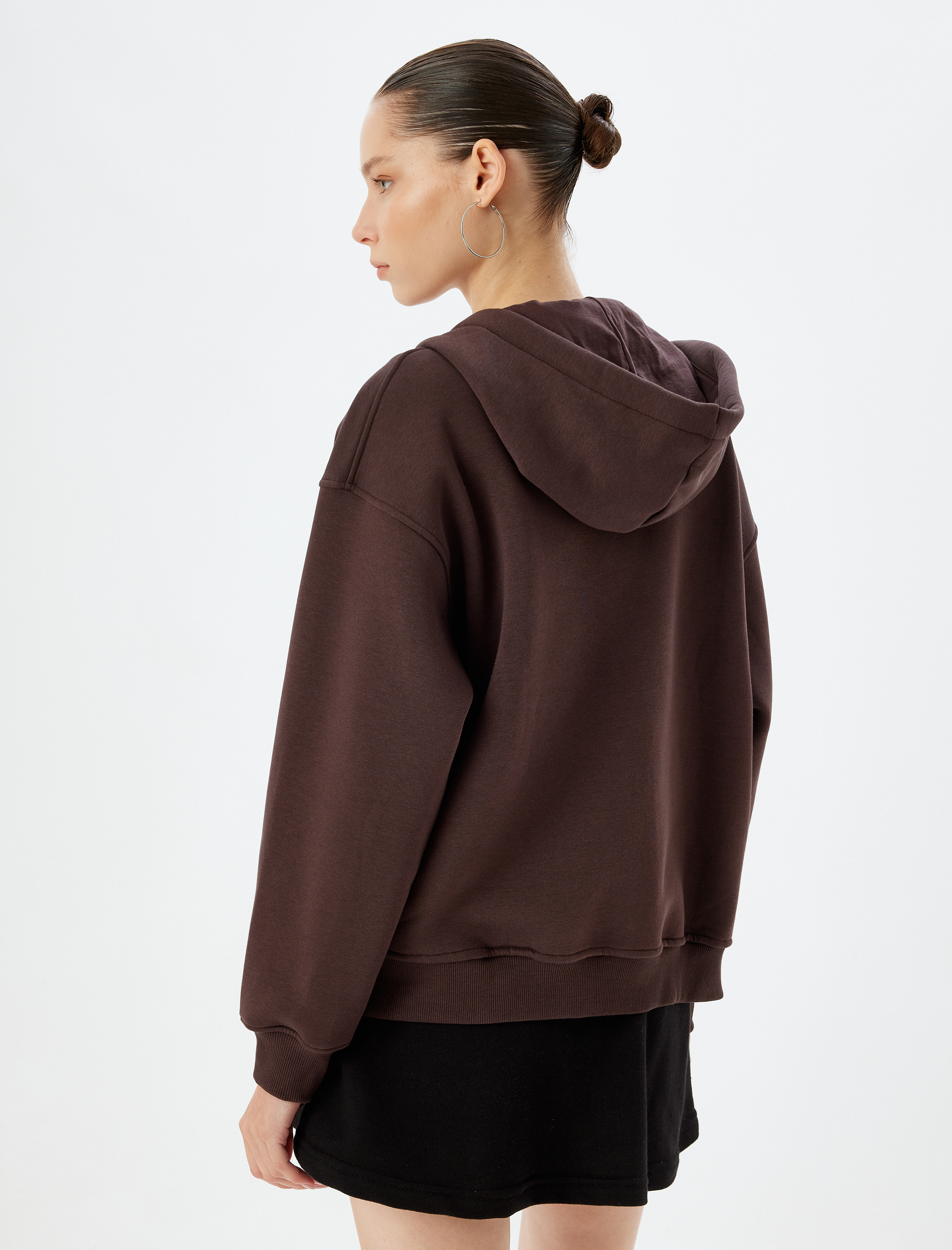   Fermuarlı Kapşonlu Baskılı Şardonlu Sweatshirt