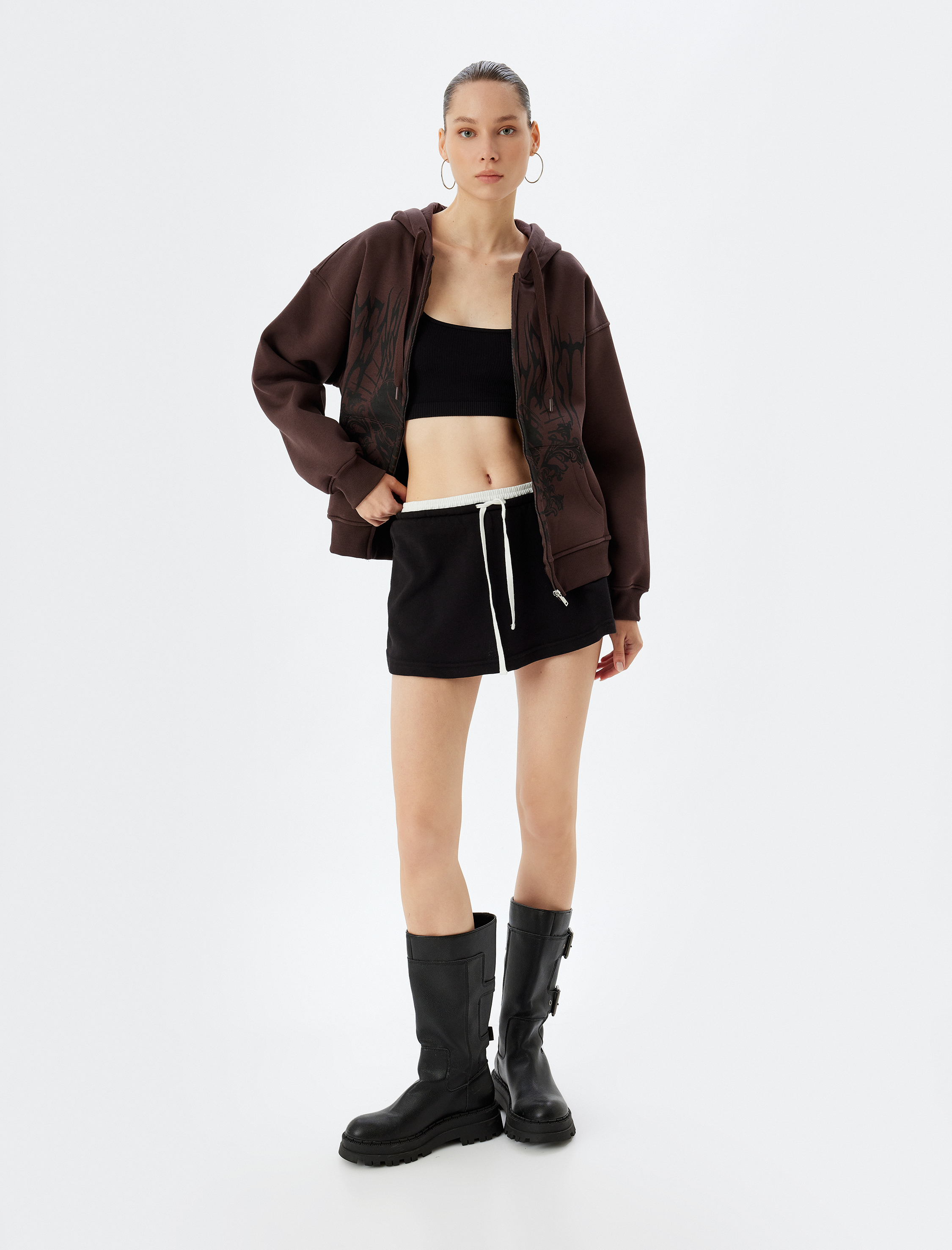   Fermuarlı Kapşonlu Baskılı Şardonlu Sweatshirt