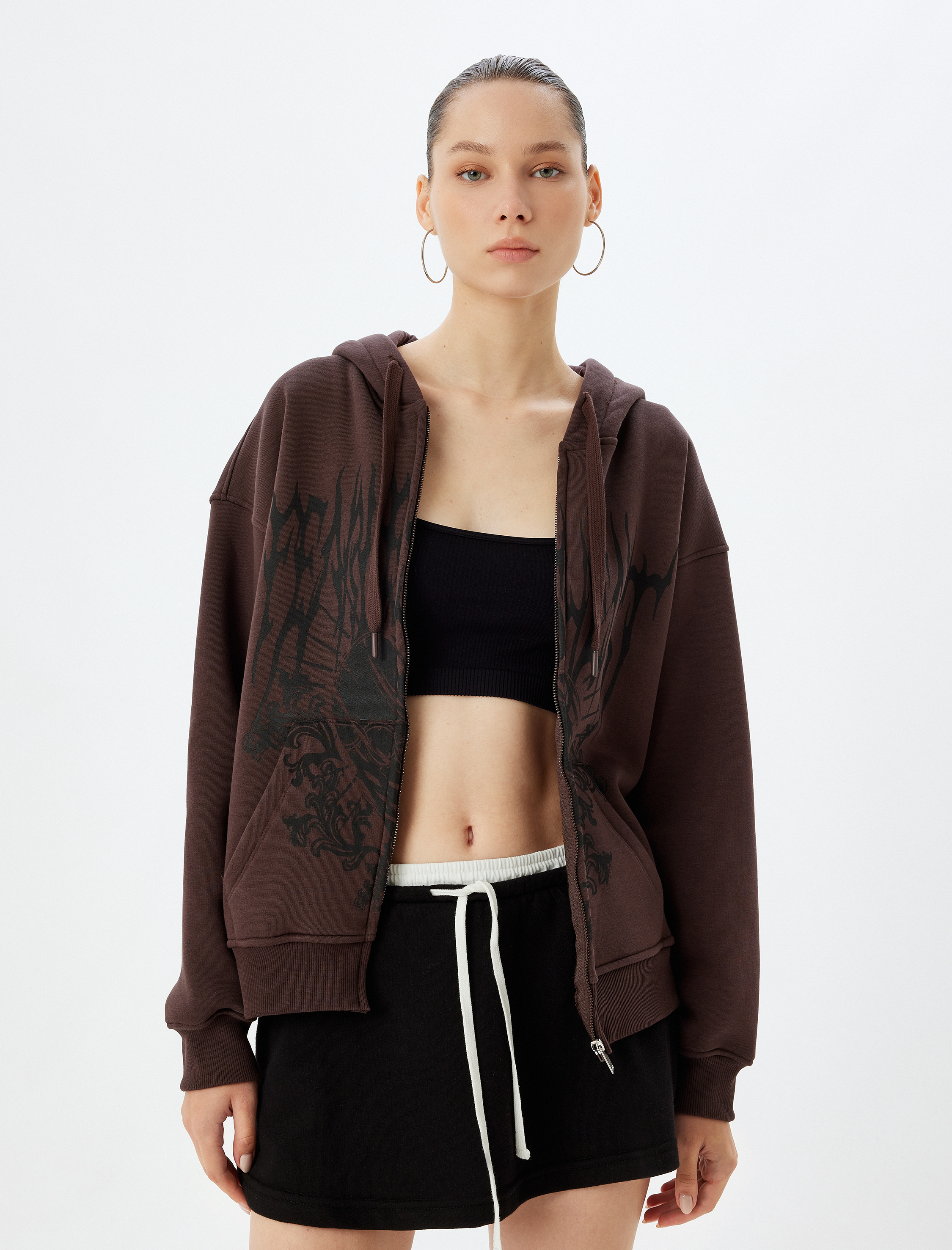   Fermuarlı Kapşonlu Baskılı Şardonlu Sweatshirt