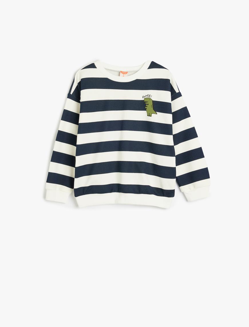  Erkek Bebek Sweatshirt Uzun Kollu Bisiklet Yaka Dinozor Baskı Detaylı Pamuklu Şardonlu