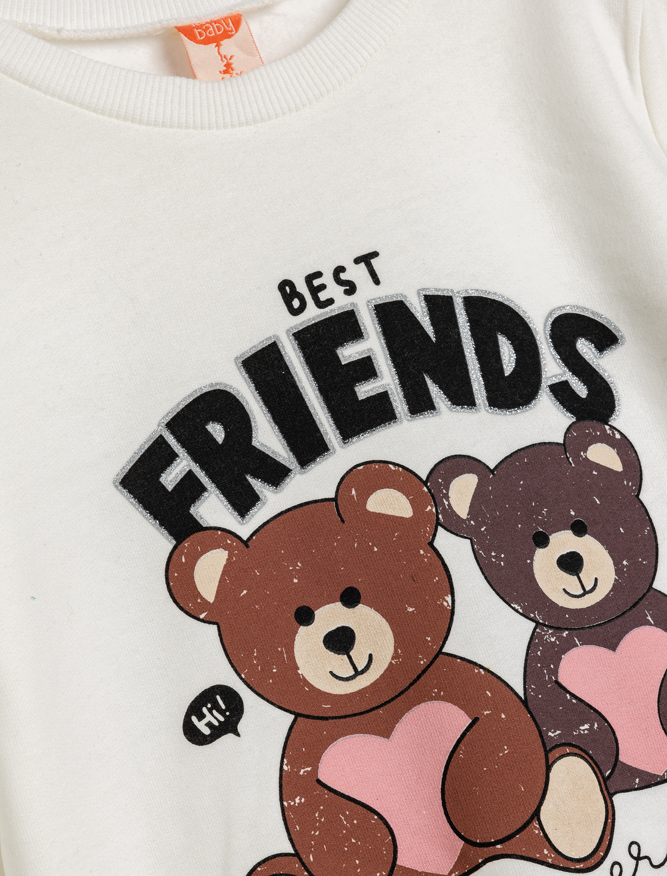  Kız Bebek Sweatshirt Ayıcık Baskılı Uzun Kollu Bisiklet Yaka Şardonlu Pamuklu