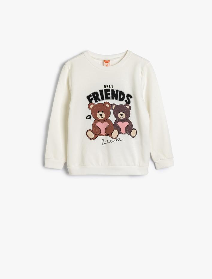 Kız Bebek Sweatshirt Ayıcık Baskılı Uzun Kollu Bisiklet Yaka Şardonlu Pamuklu