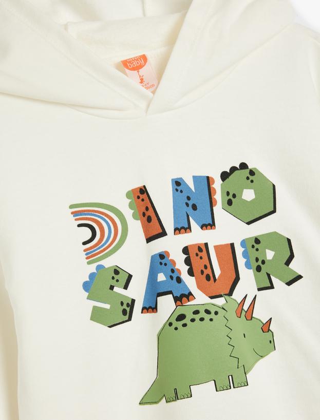 Kapşonlu Sweatshirt Uzun Kollu Bisiklet Yaka Dinozor Baskı Detaylı Pamuklu_2