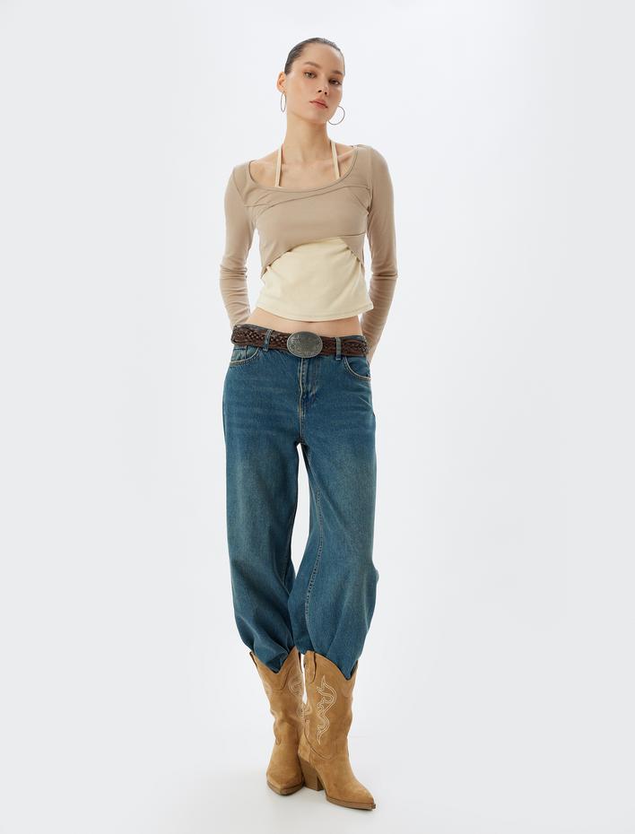  Uzun Kollu Tişört Pencere Detaylı Bisiklet Yaka Slim Fit