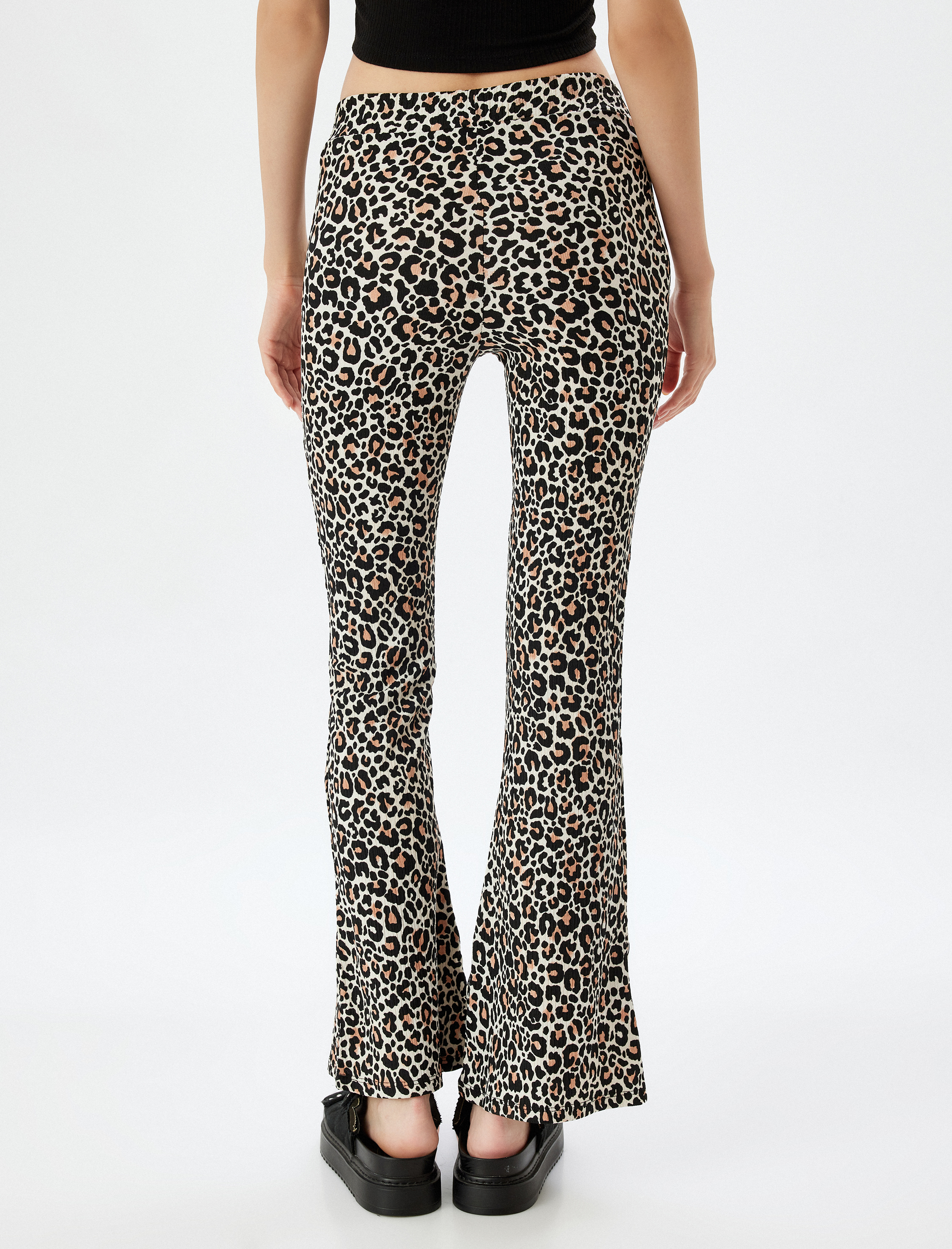   İspanyol Paça Tayt Pantolon Leopar Desenli Beli Lastikli Bürümcük