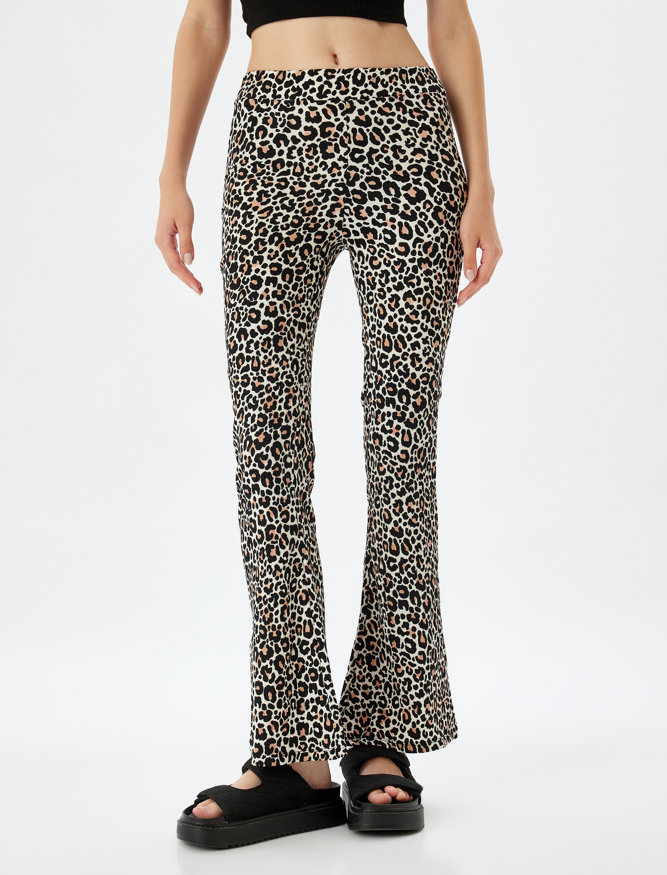   İspanyol Paça Tayt Pantolon Leopar Desenli Beli Lastikli Bürümcük