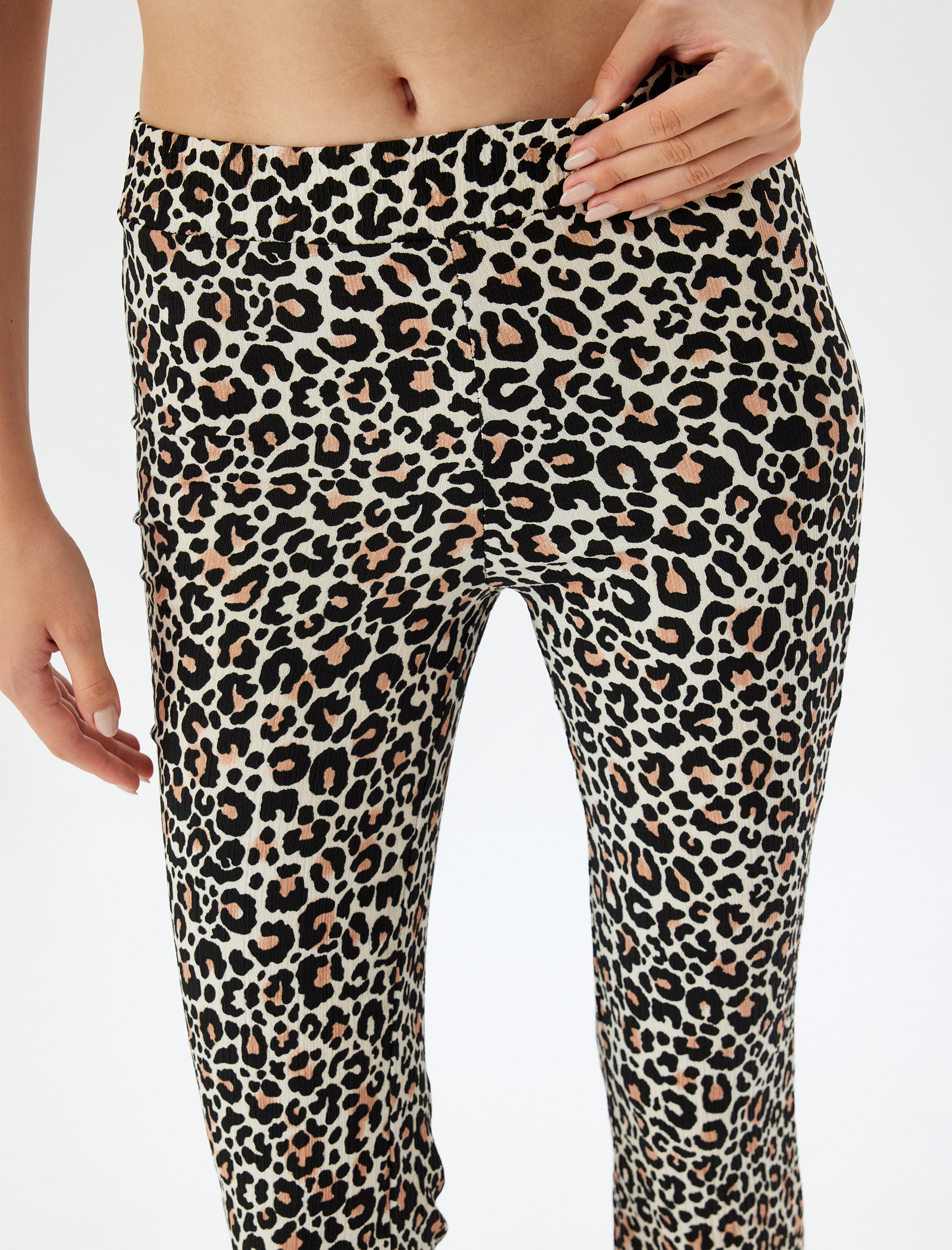   İspanyol Paça Tayt Pantolon Leopar Desenli Beli Lastikli Bürümcük