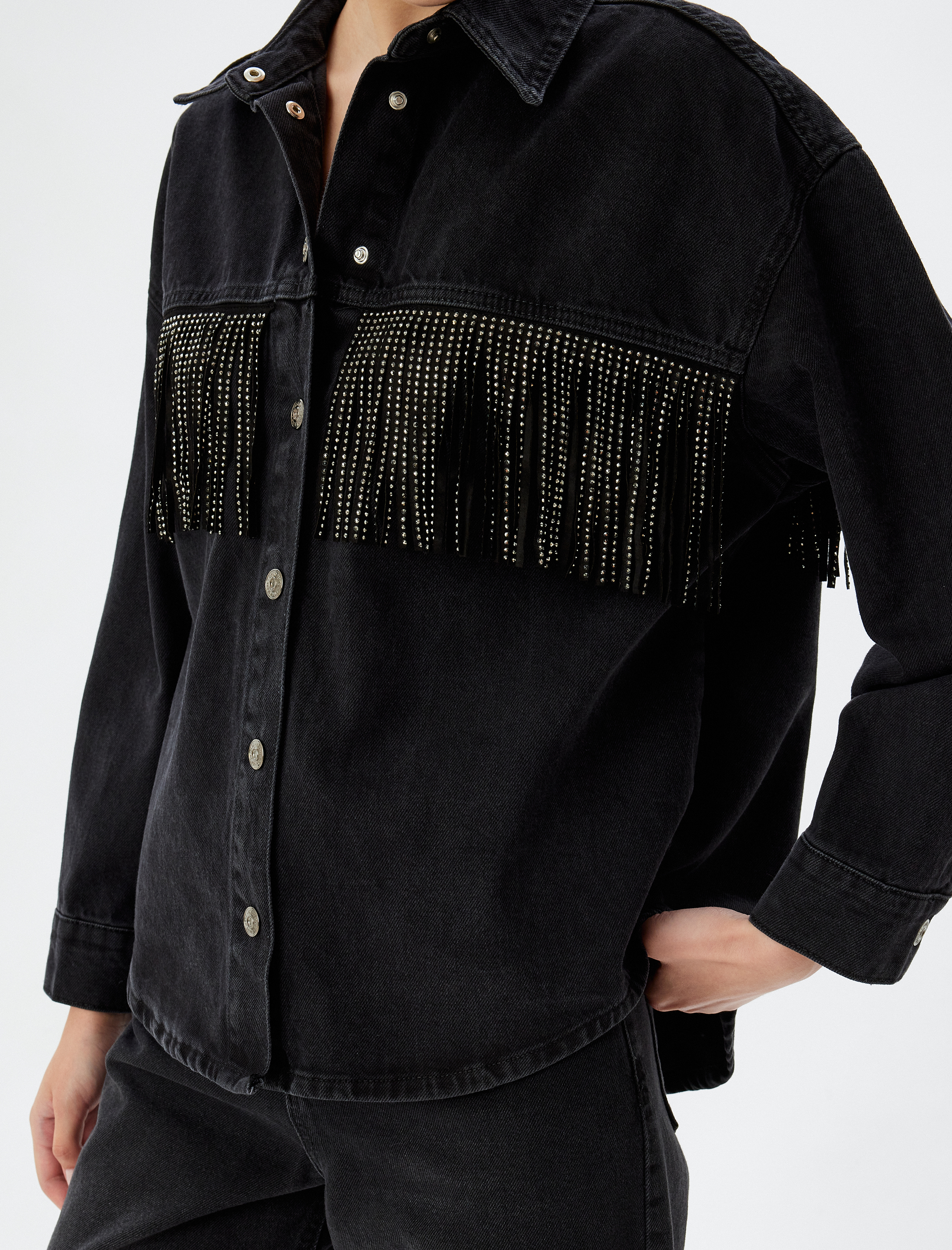 Oversize Kot Ceket Taşlı Püsküllü Klasik Yaka Cep Detaylı Düğmeli