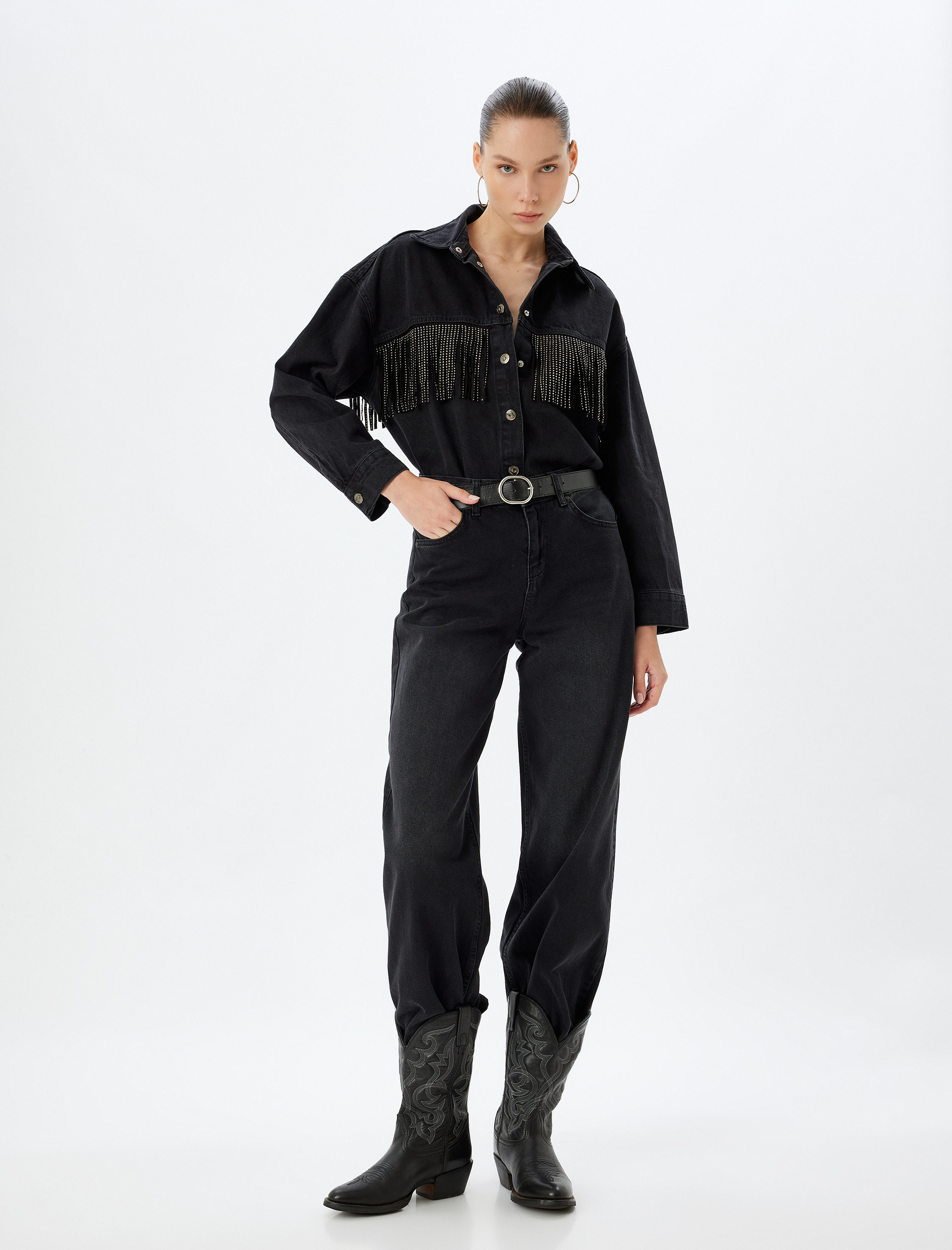 Oversize Kot Ceket Taşlı Püsküllü Klasik Yaka Cep Detaylı Düğmeli