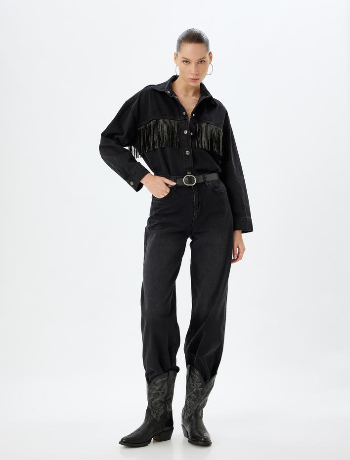  Oversize Kot Ceket Taşlı Püsküllü Klasik Yaka Cep Detaylı Düğmeli