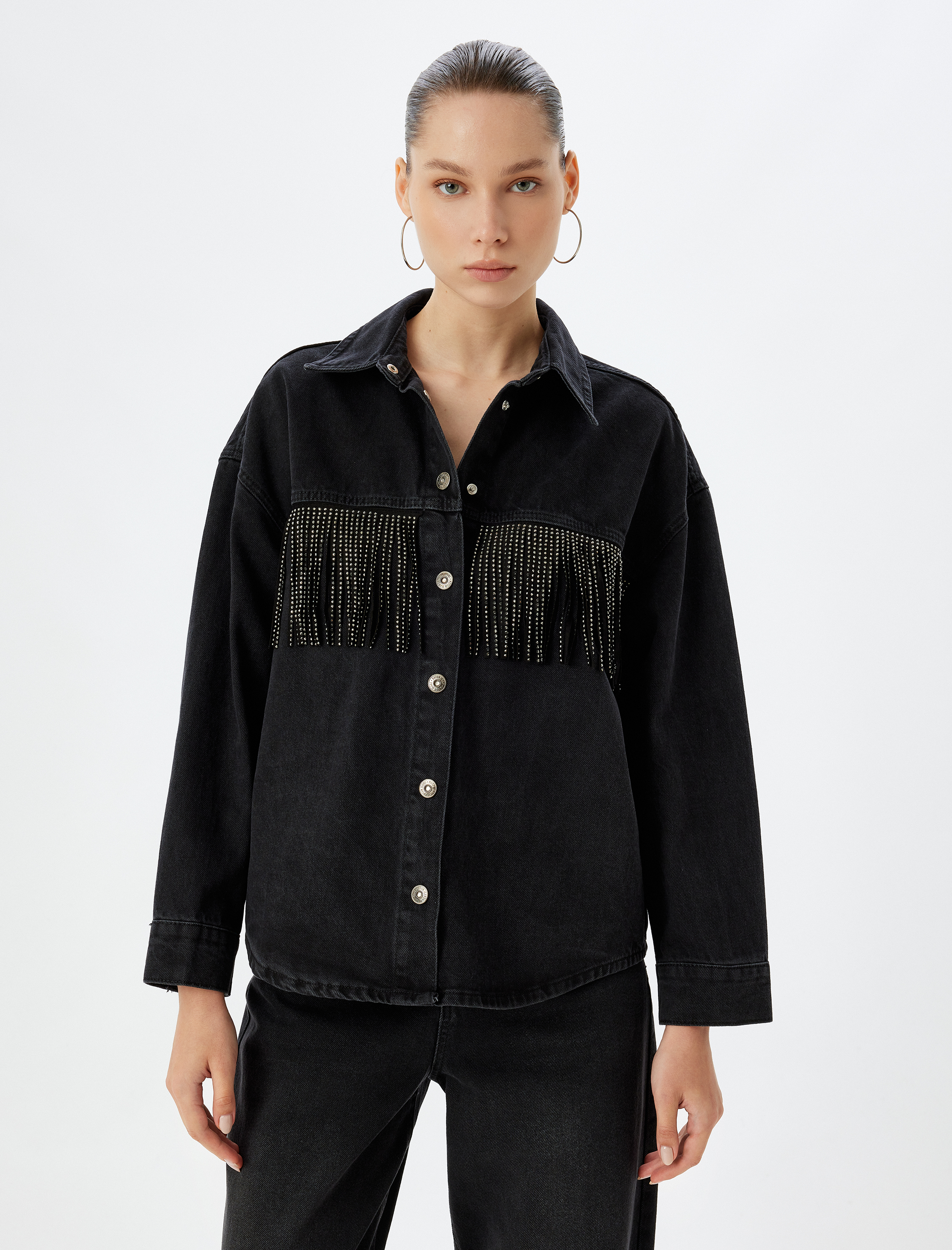 Oversize Kot Ceket Taşlı Püsküllü Klasik Yaka Cep Detaylı Düğmeli