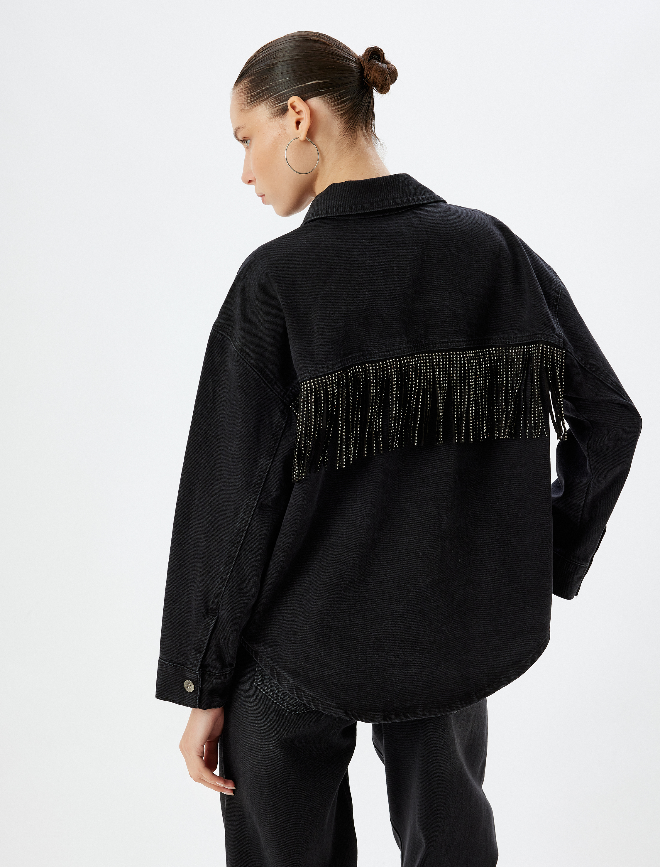 Oversize Kot Ceket Taşlı Püsküllü Klasik Yaka Cep Detaylı Düğmeli