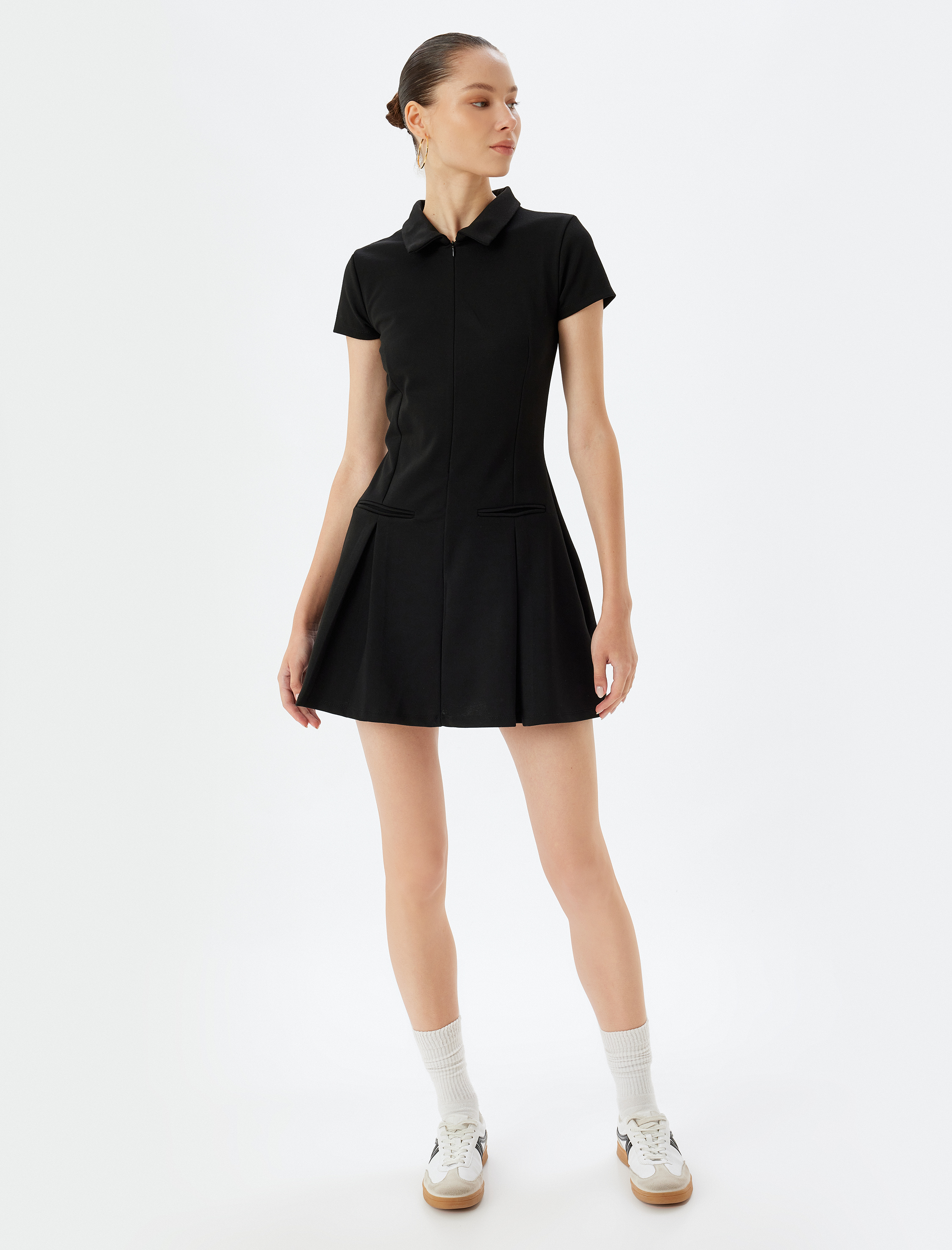   Polo Yaka Fermuarlı Mini Elbise Cep Detaylı