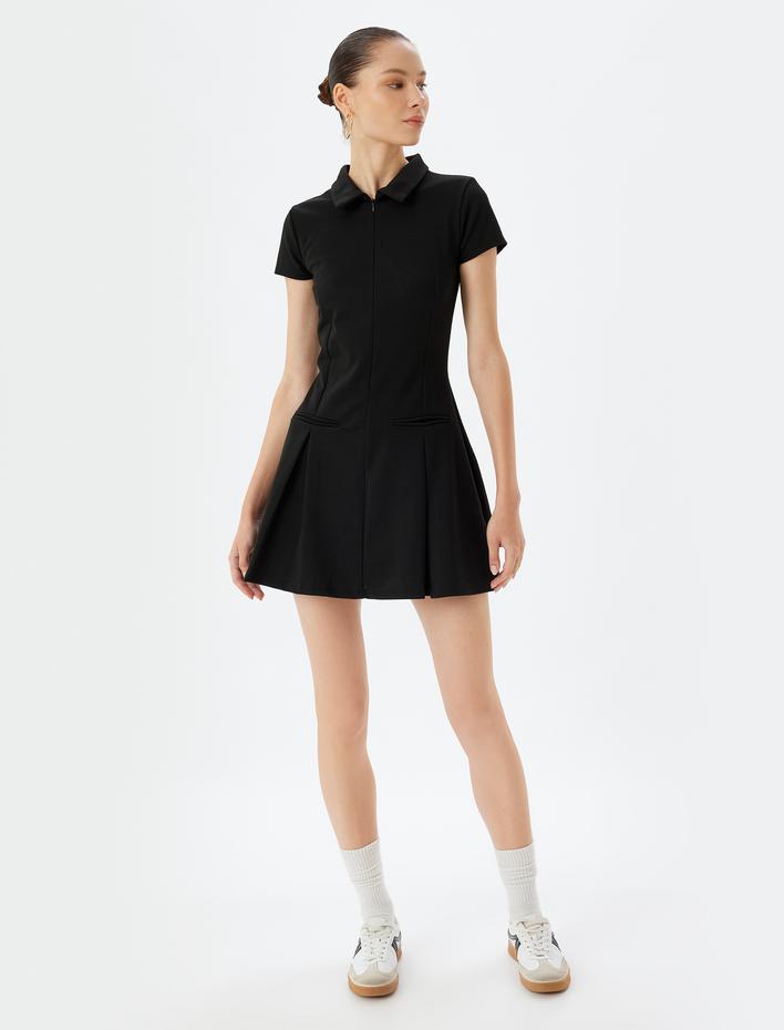  Polo Yaka Fermuarlı Mini Elbise Cep Detaylı