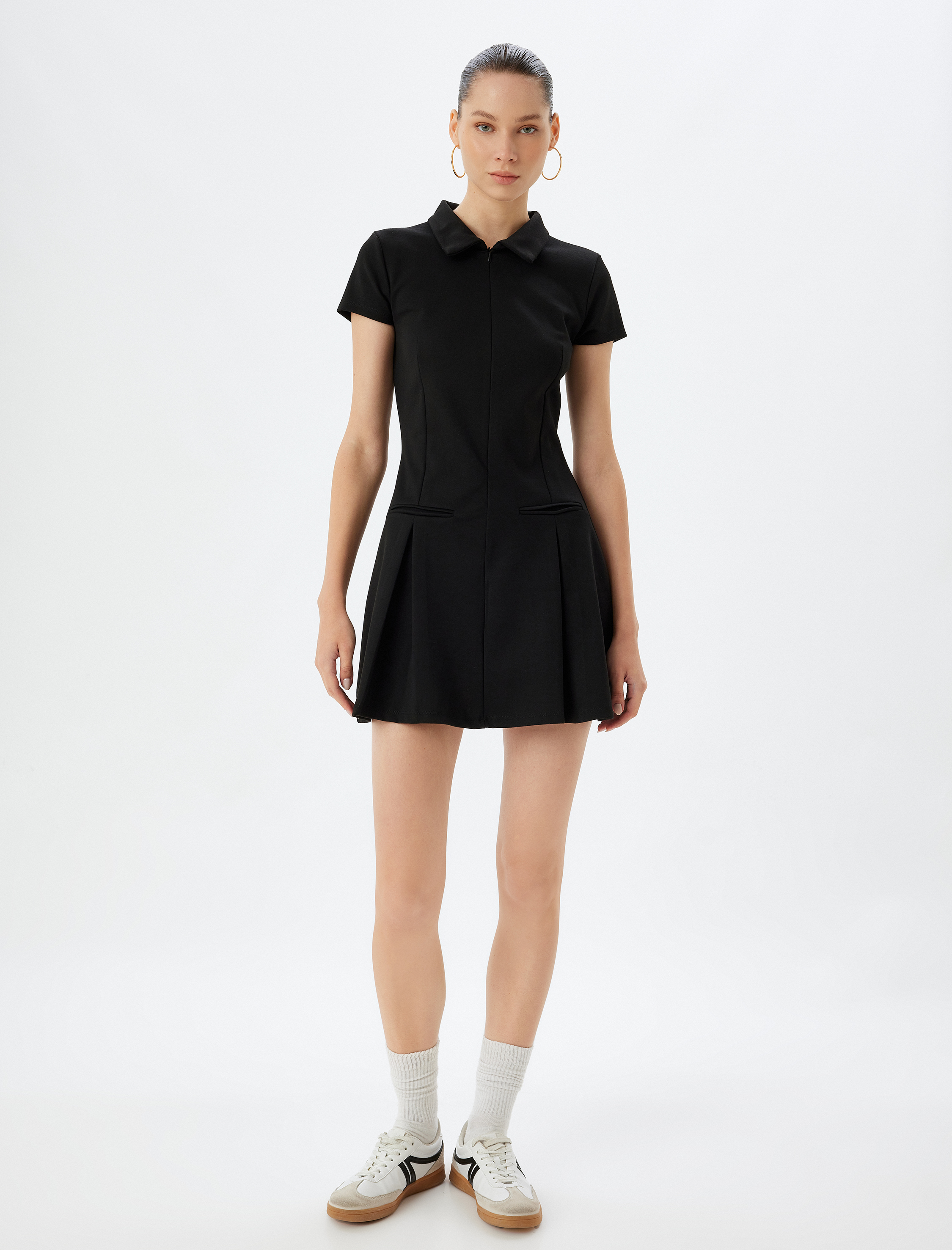   Polo Yaka Fermuarlı Mini Elbise Cep Detaylı