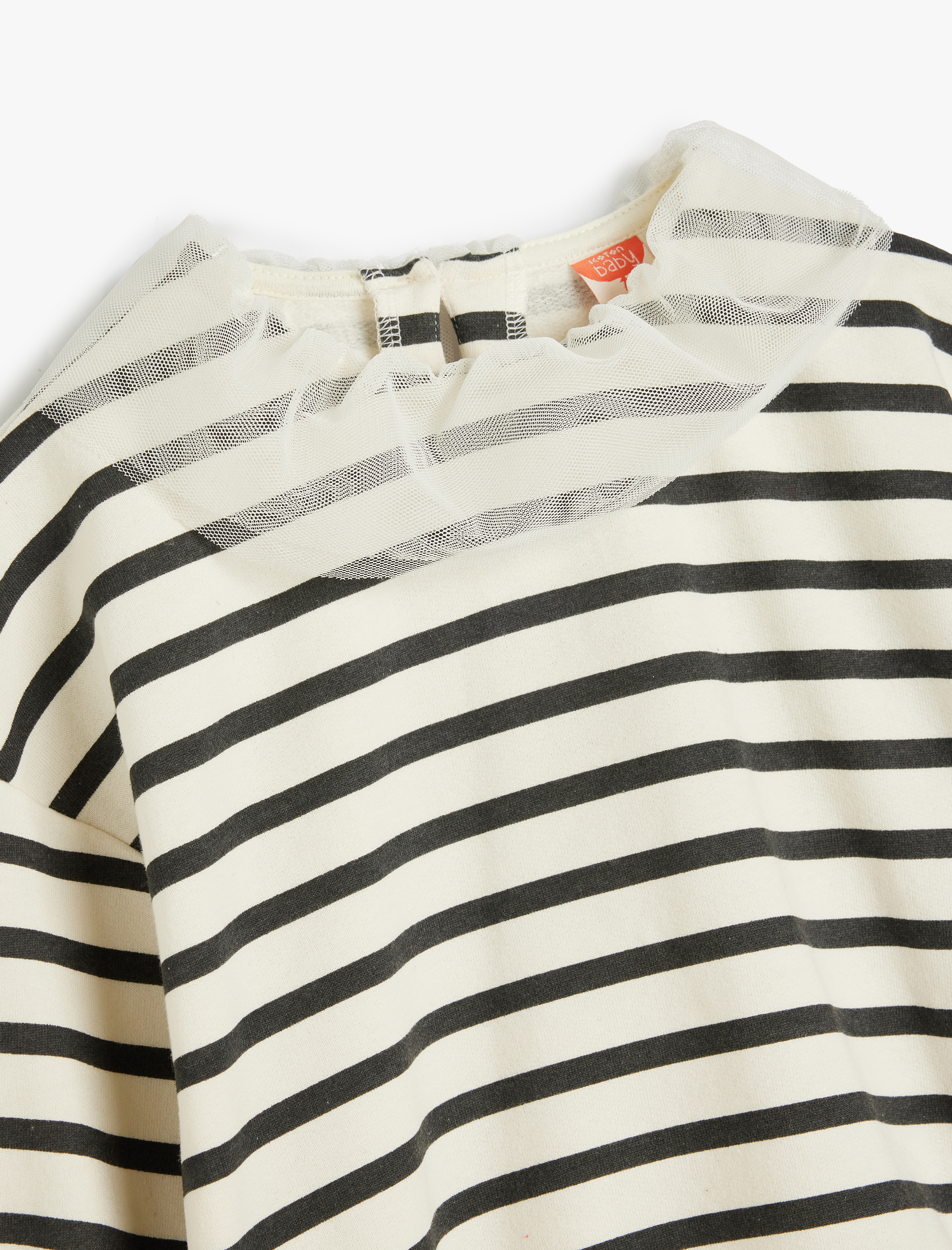  Kız Bebek Çizgili Sweatshirt Tül Yaka Detaylı Uzun Kollu Şardonlu Pamuklu