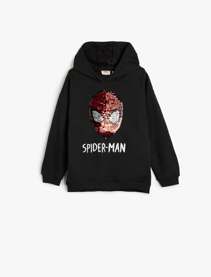 Erkek Çocuk Örümcek Adam Kapşonlu Sweatshirt Pullu Payetli Lisanslı Uzun Kollu