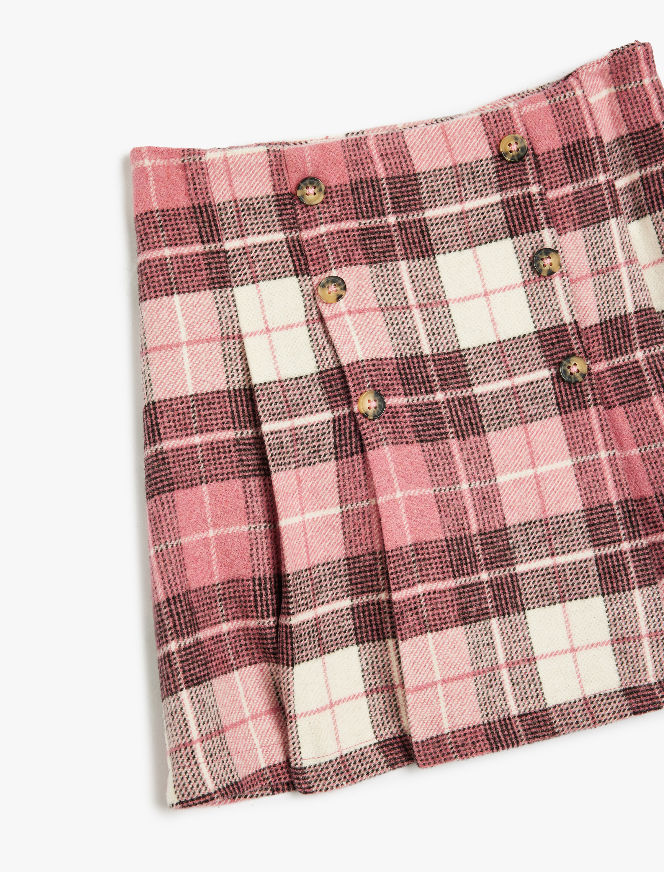  Kız Çocuk Pileli Düğme Detaylı Ekoseli Mini Etek