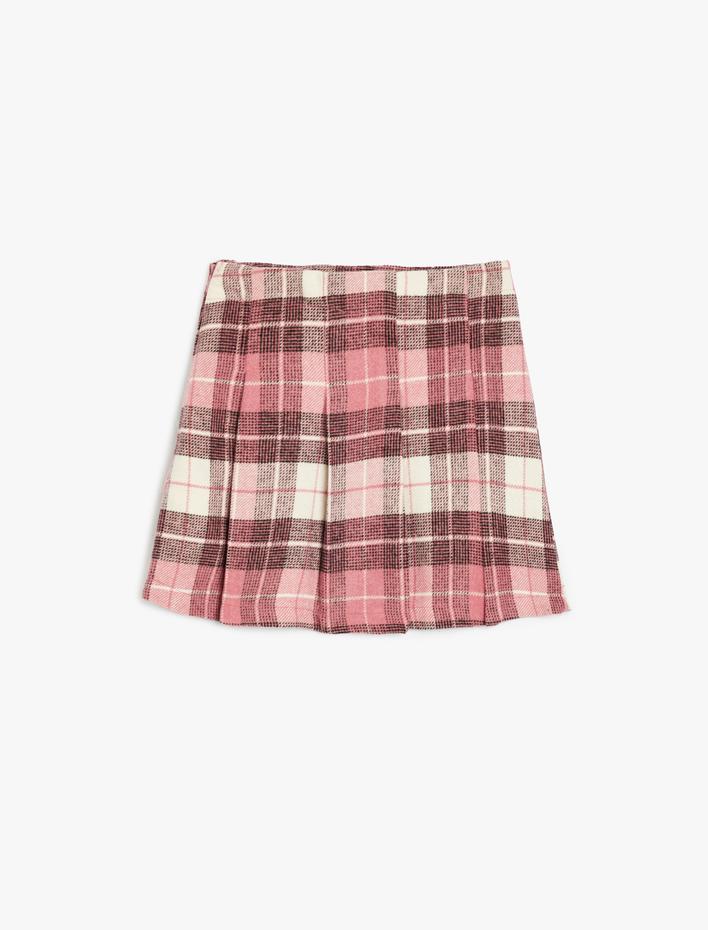 Kız Çocuk Pileli Düğme Detaylı Ekoseli Mini Etek