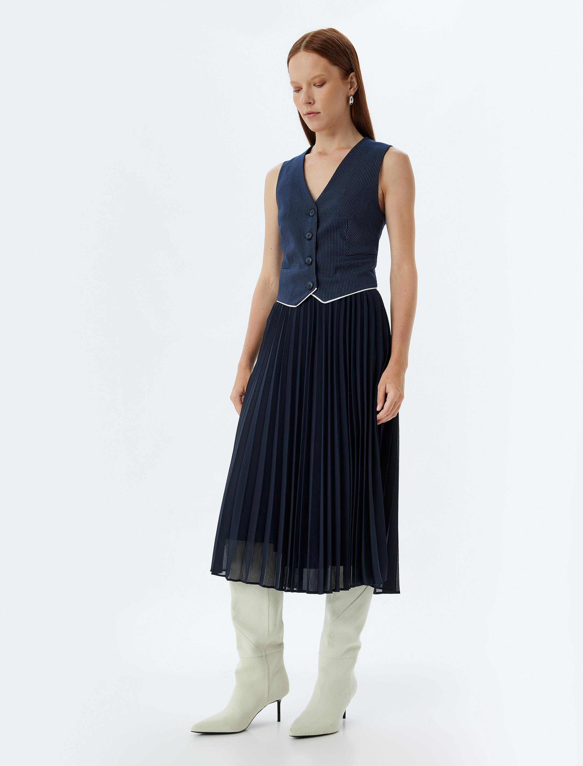   Yüksek Bel Midi Pileli Etek