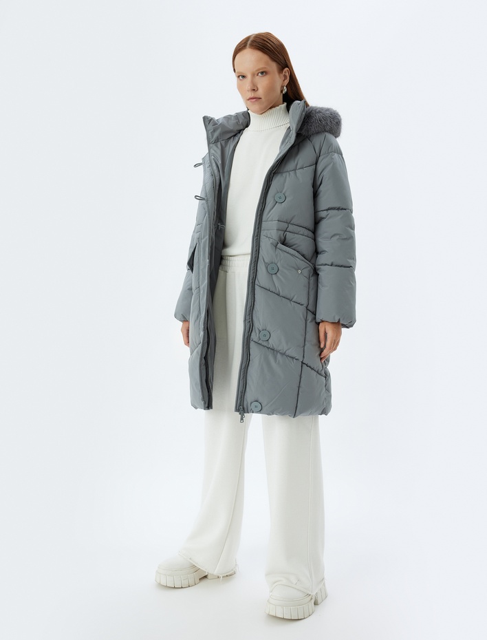  Uzun Kapüşonlu Şişme Mont Su İtici Suni Kürk Detaylı Cepli Fermuarlı