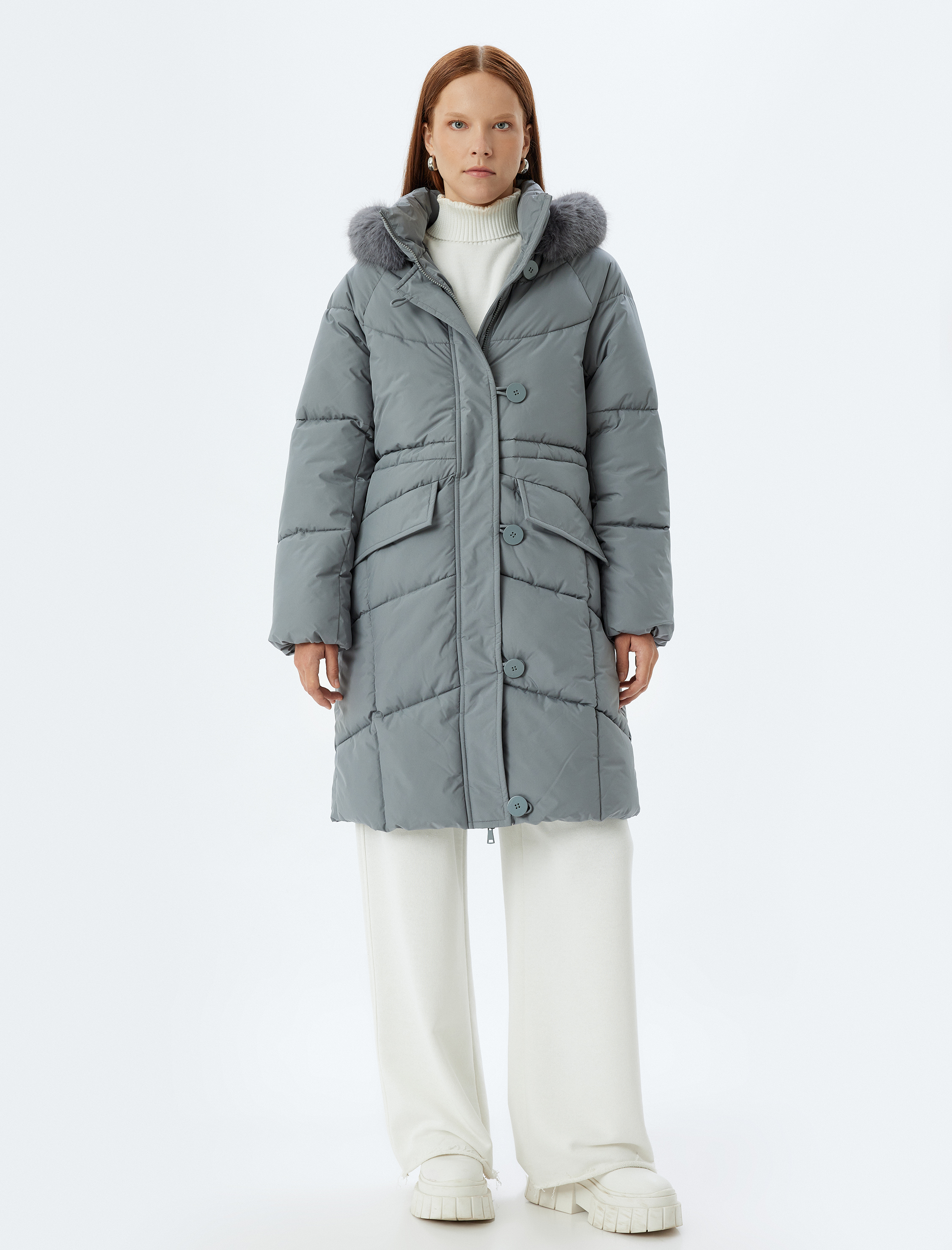   Uzun Kapüşonlu Şişme Mont Su İtici Suni Kürk Detaylı Cepli Fermuarlı