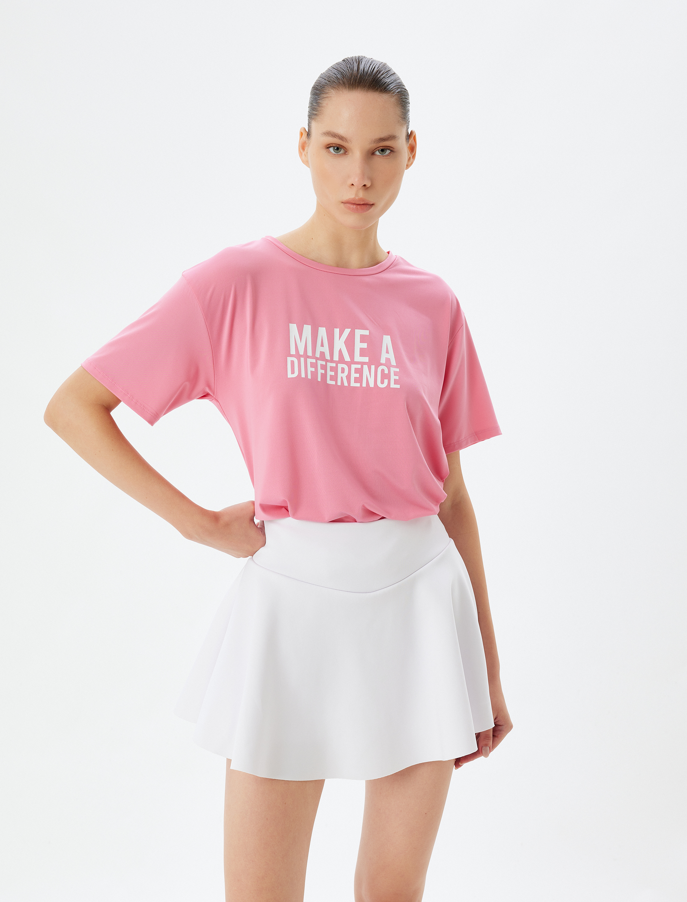   Oversize Spor Tişört Slogan Baskılı Bisiklet Yaka Kısa Kollu