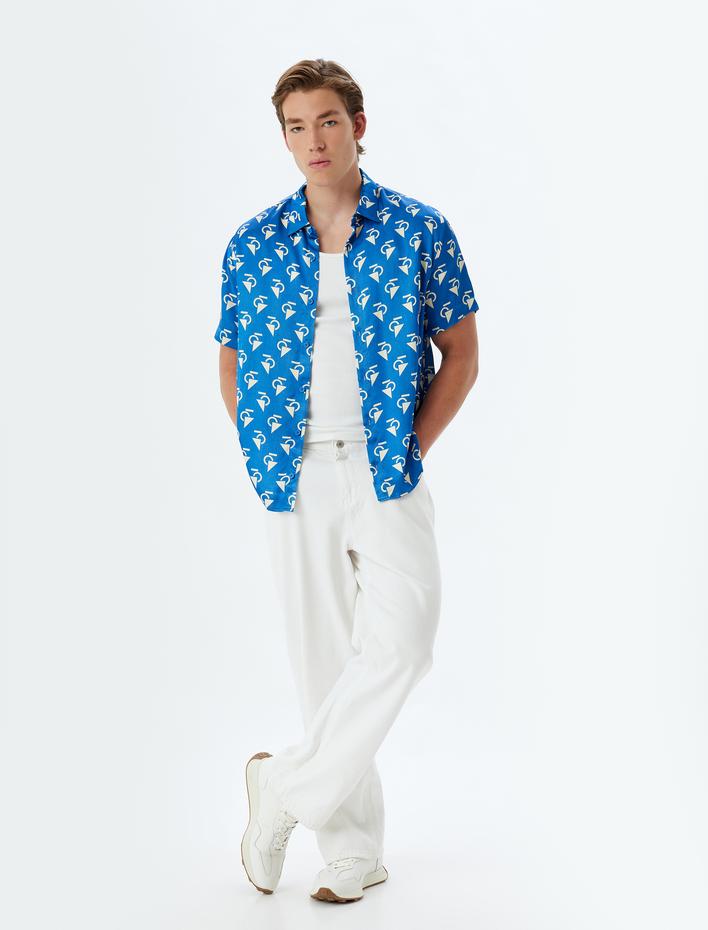  Kısa Kollu Gömlek Geometrik Baskılı Viskon Regular Fit