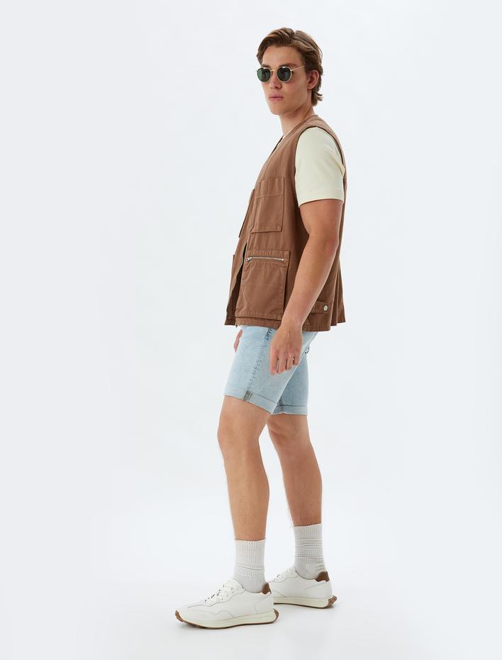  Slim Fit Kot Şort Bermuda Cep Detaylı Pamuklu