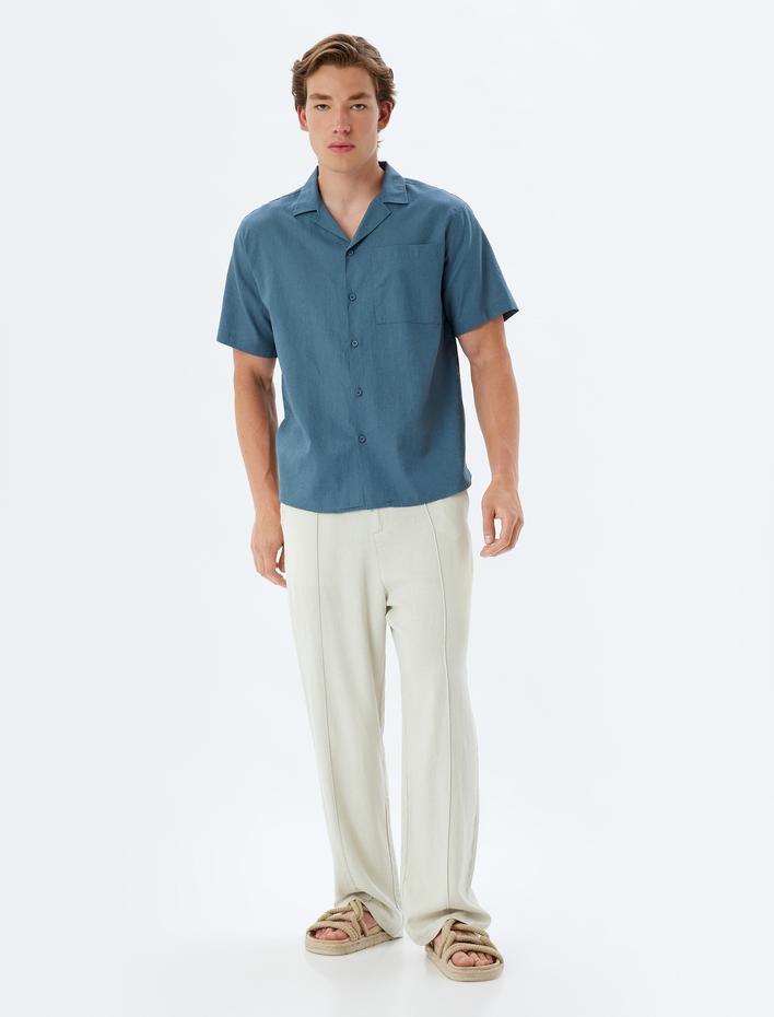  Keten Karışımlı Gömlek Kısa Kollu Basic Cep Detaylı Regular Fit