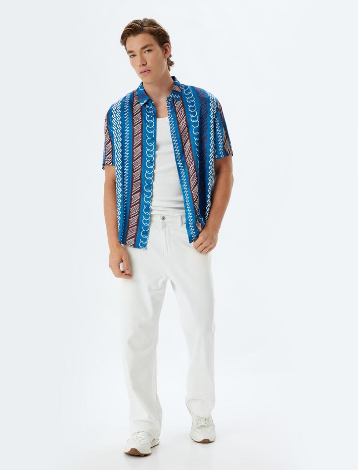  Kısa Kollu Gömlek Geometrik Baskılı Viskon Regular Fit