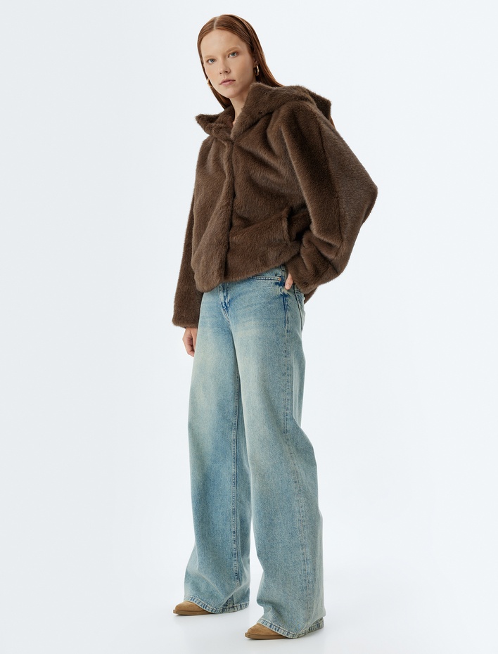  Uzun Kollu Kapüşonlu Cepli Peluş Oversize Kaban