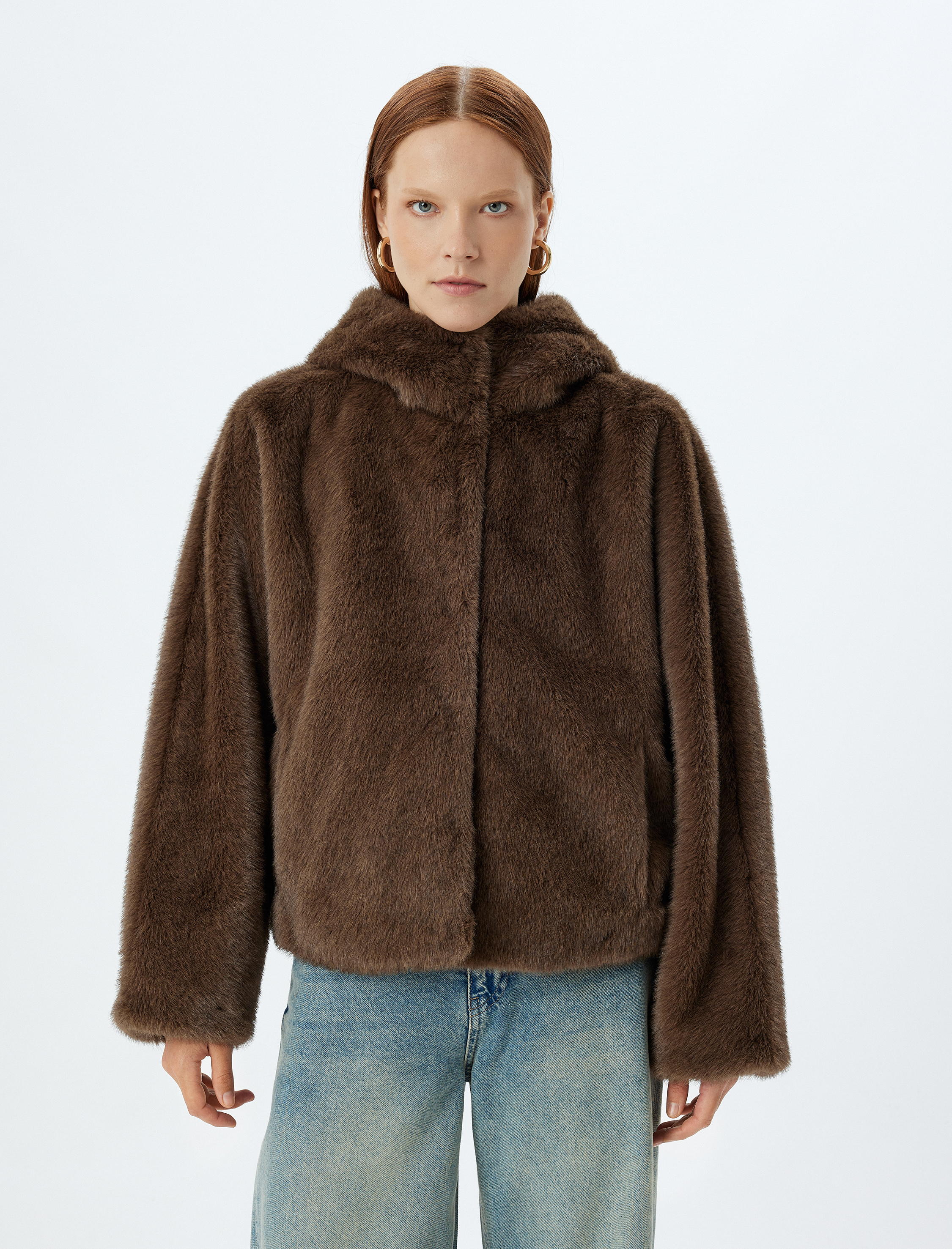   Uzun Kollu Kapüşonlu Cepli Peluş Oversize Kaban