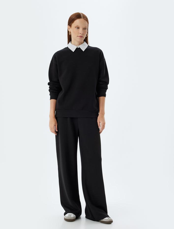  Üç İplik Şardonlu Bisiklet Yaka Uzun Kollu Basic Sweatshirt