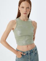 Halter Yaka Fitilli Metalik Baskı Detaylı Crop Atlet