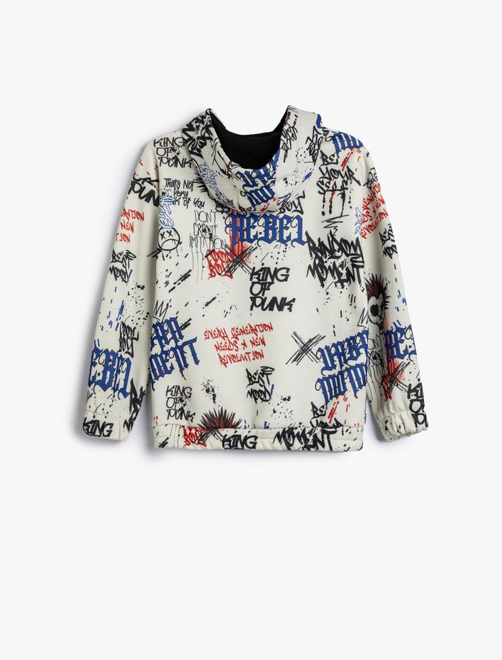 Erkek Çocuk Oversize Kapşonlu Sweatshirt Yarım Fermuarlı Şardonlu Baskılı