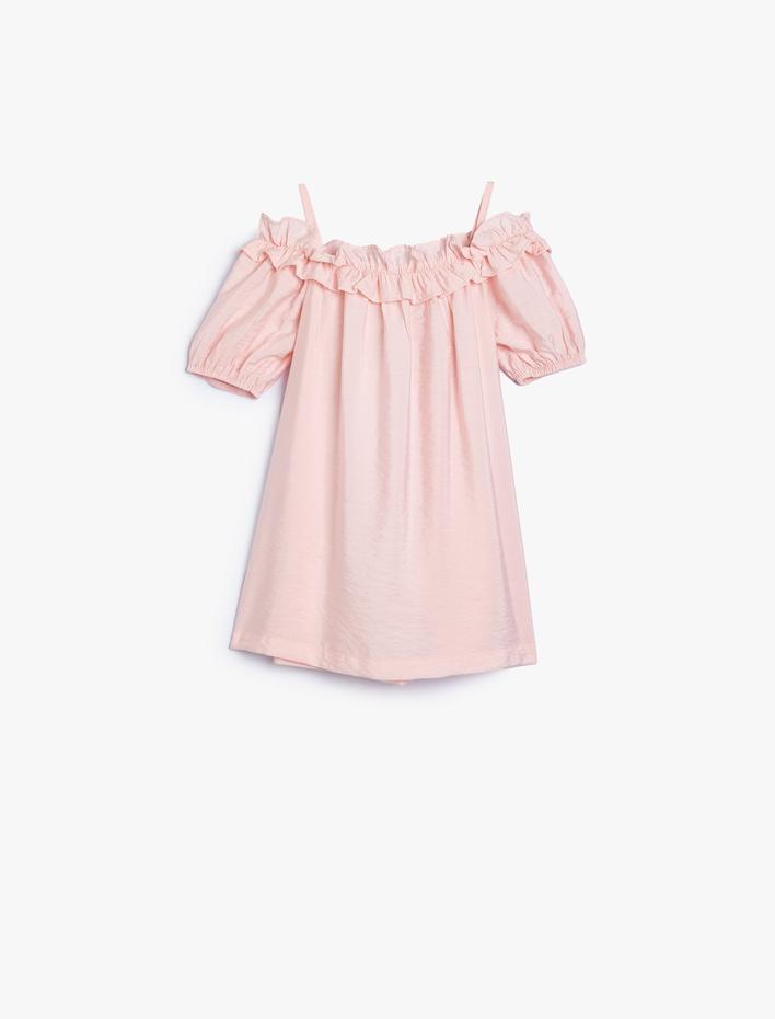 Kız Bebek Elbisesi Düşük Omuz Askılı Kısa Kollu Çiçek Aplikeli