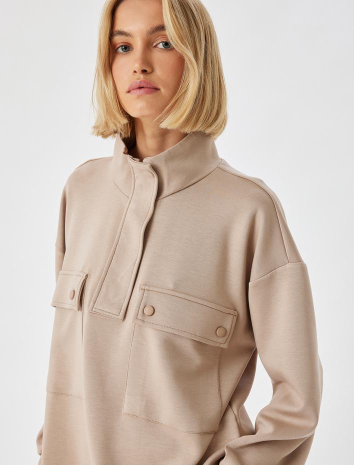  Örme Sweatshirt Pijama Üstü Dik Yaka Kapaklı Cep Detaylı