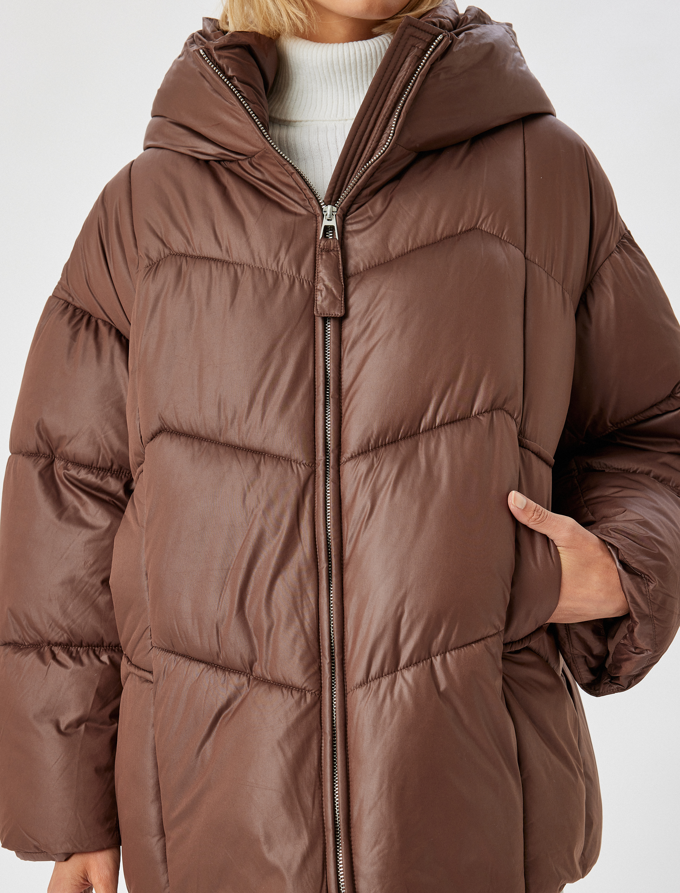 Oversize Şişme Mont Su İtici Kapüşonlu Cepli Fermuarlı