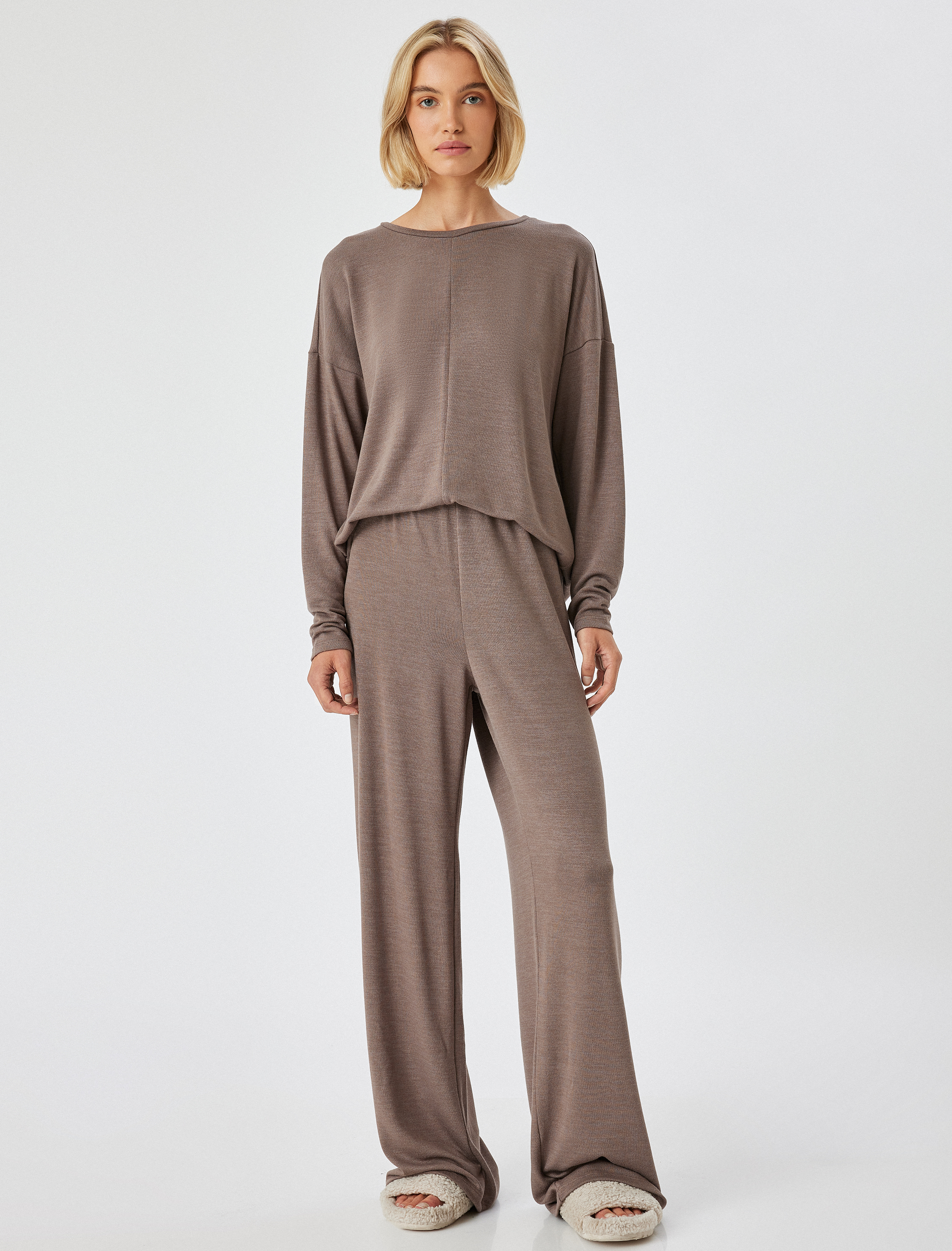   Örme Pijama Üstü Uzun Kollu Bisiklet Yaka Rahat Kalıp