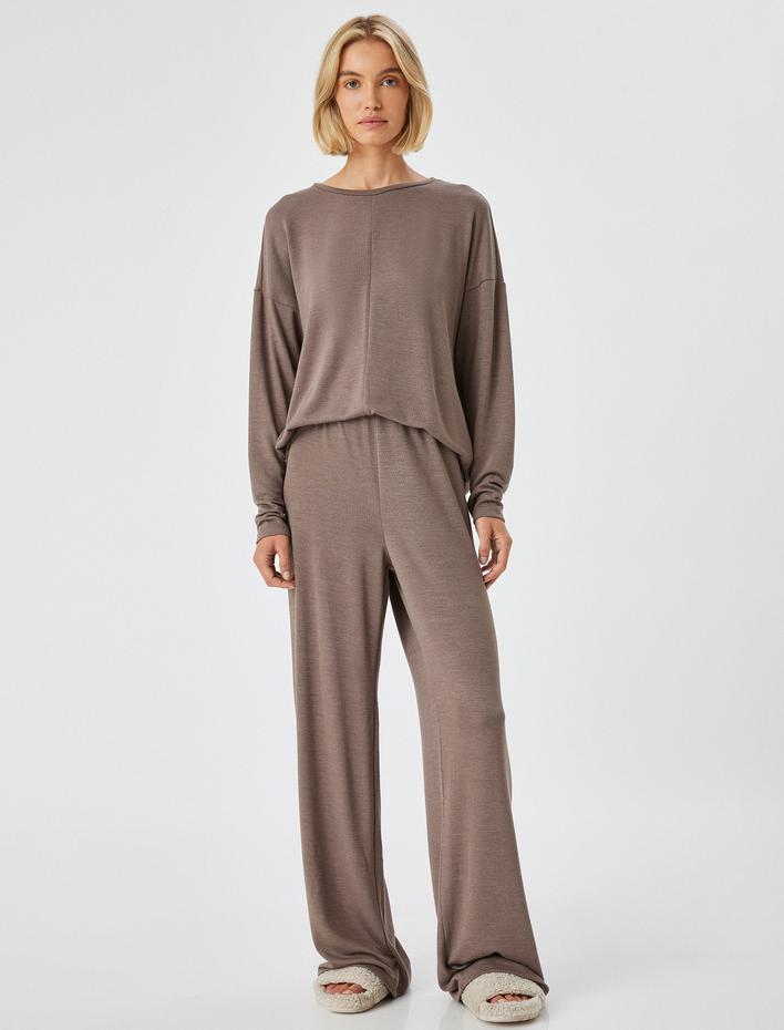  Örme Pijama Üstü Uzun Kollu Bisiklet Yaka Rahat Kalıp