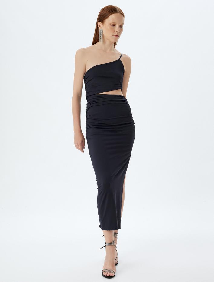  Midi Elbise Yırtmaçlı Pencere Detaylı Tek Omuz Askılı Drapeli Slim Fit