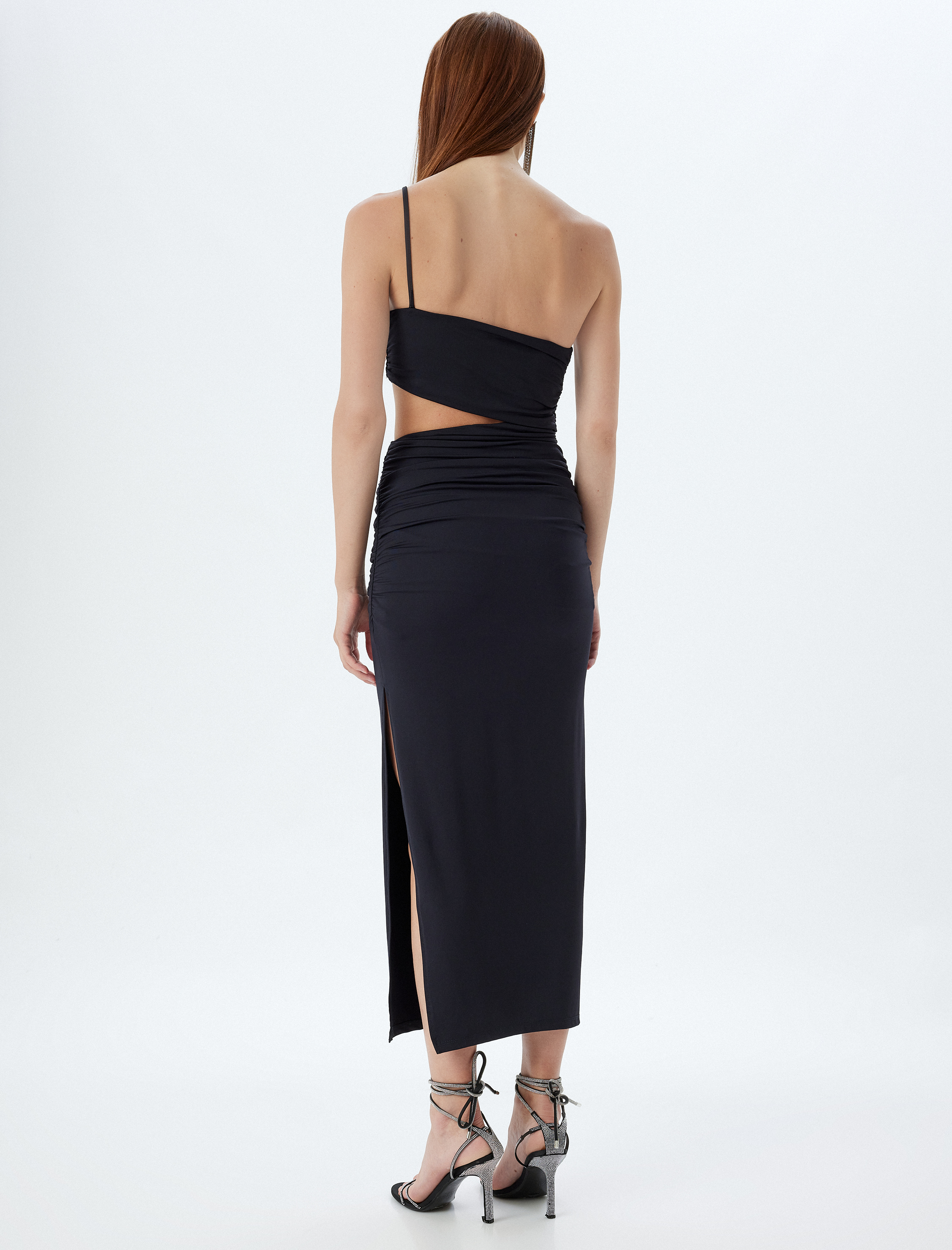   Midi Elbise Yırtmaçlı Pencere Detaylı Tek Omuz Askılı Drapeli Slim Fit