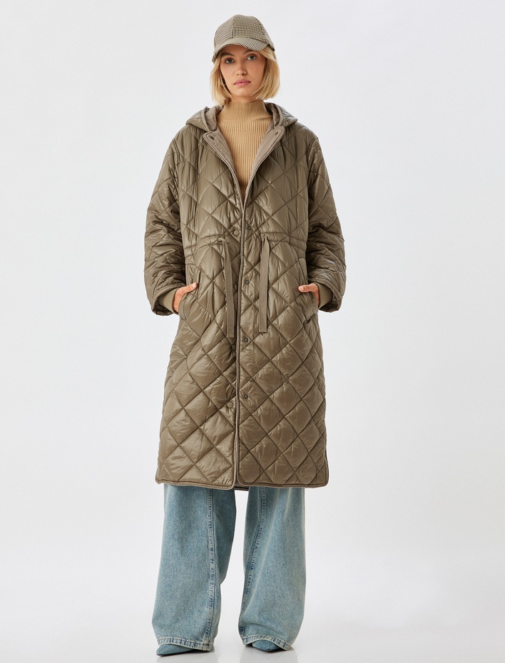  Kapitone Uzun Anorak Kapüşonlu Su İtici Dolgulu Rahat Kalıp Cepli