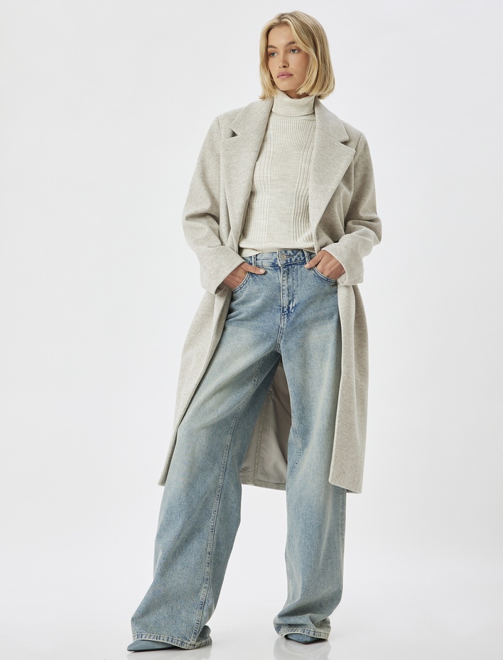  Uzun Kaşe Kaban Kruvaze Cepli Düğmeli