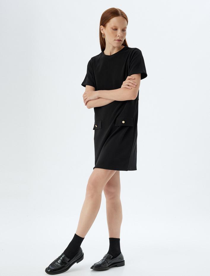  Mini Kısa Kollu Elbise Yuvarlak Yaka Kapaklı Cep Detaylı