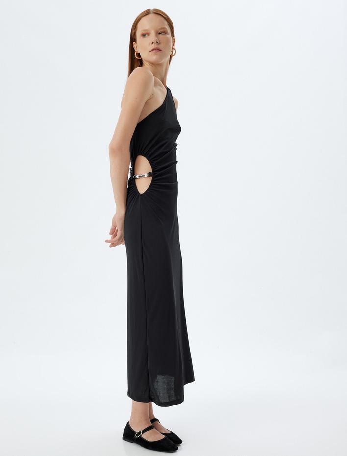  Tek Omuz Uzun Elbise Pencere Detaylı Drapeli