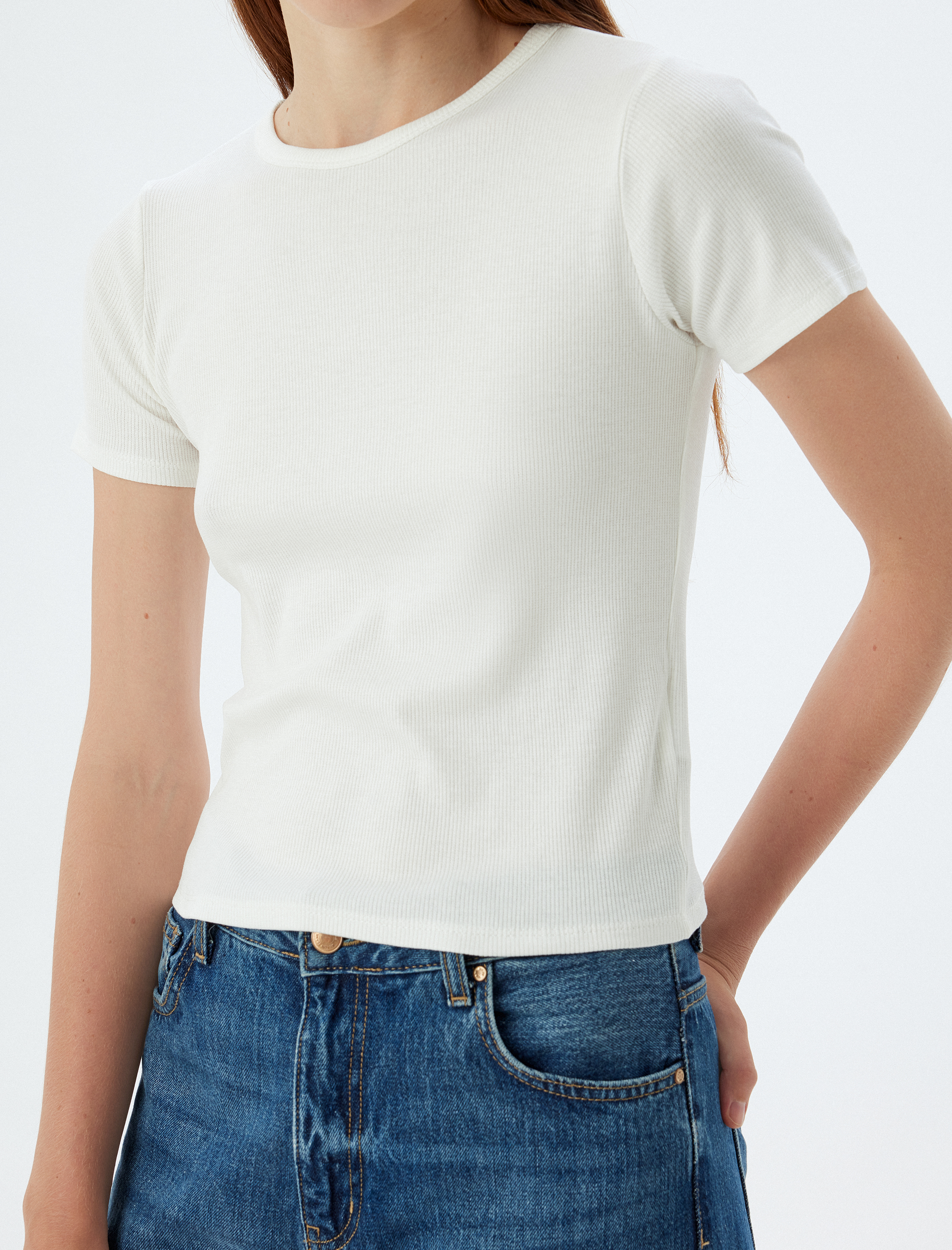   Kısa Kollu Bisiklet Yaka Viskon Kumaş Basic Fitilli Tişört