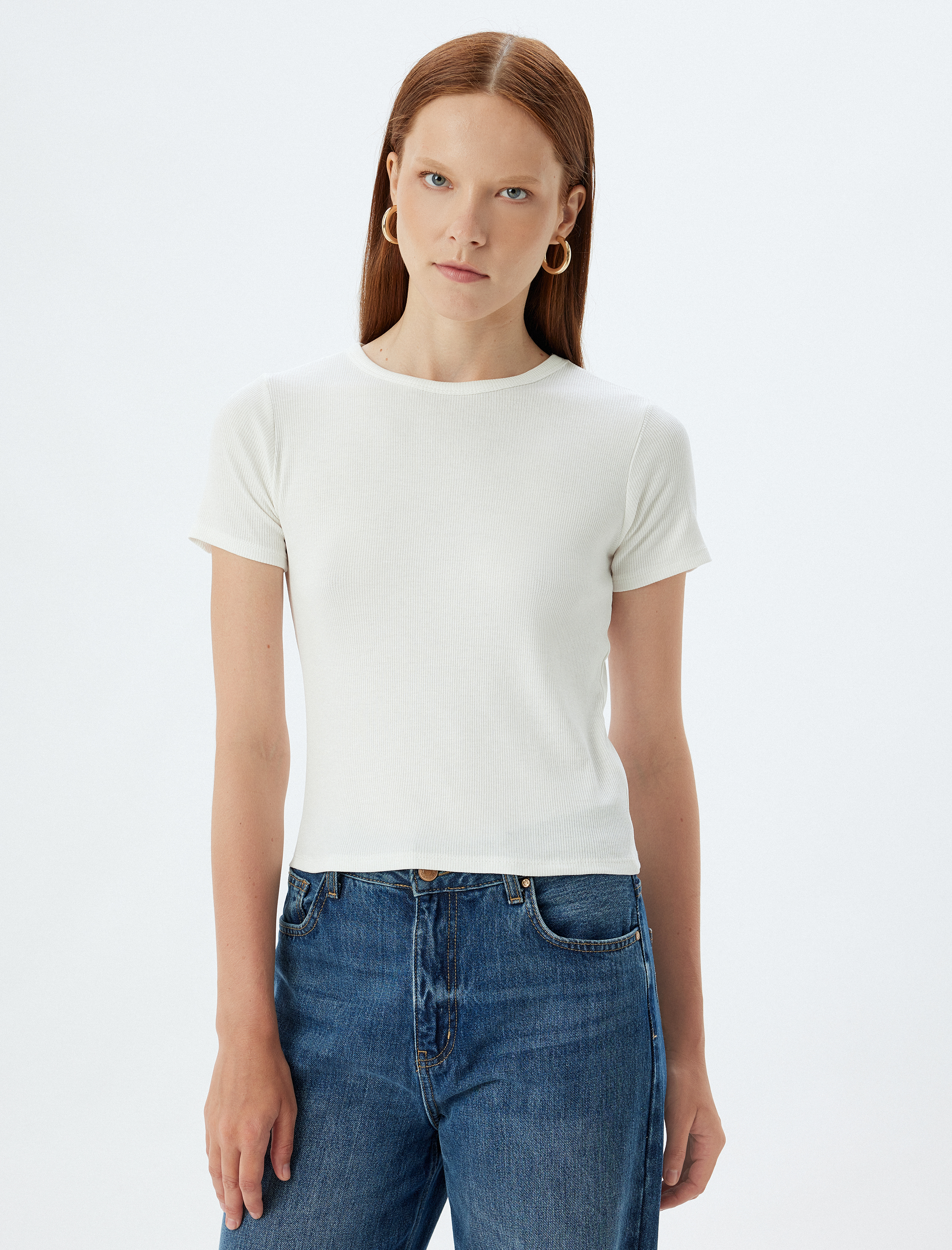   Kısa Kollu Bisiklet Yaka Viskon Kumaş Basic Fitilli Tişört